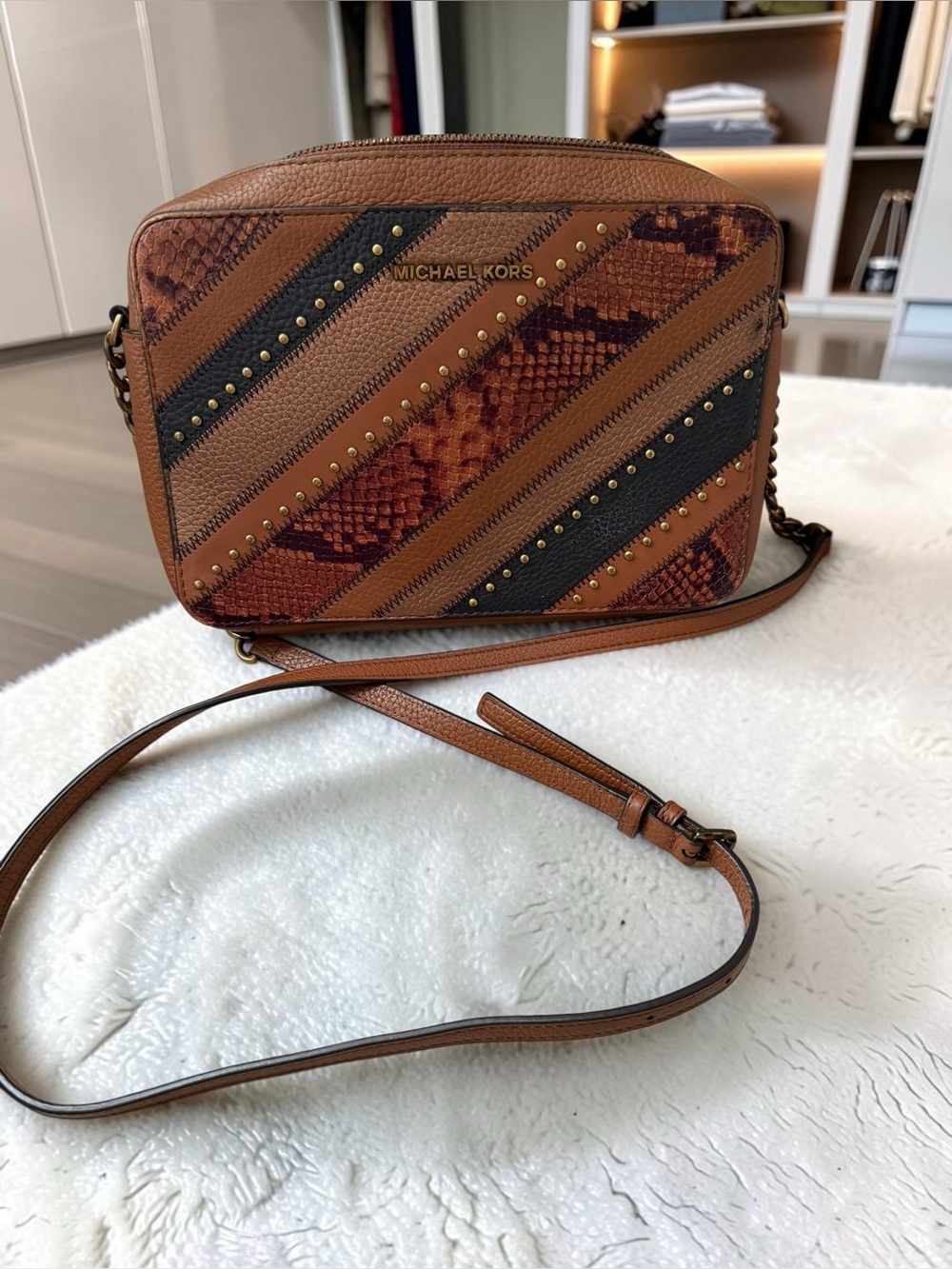 Michael Kors Brown and Black Snake-Print Crossbody Bag